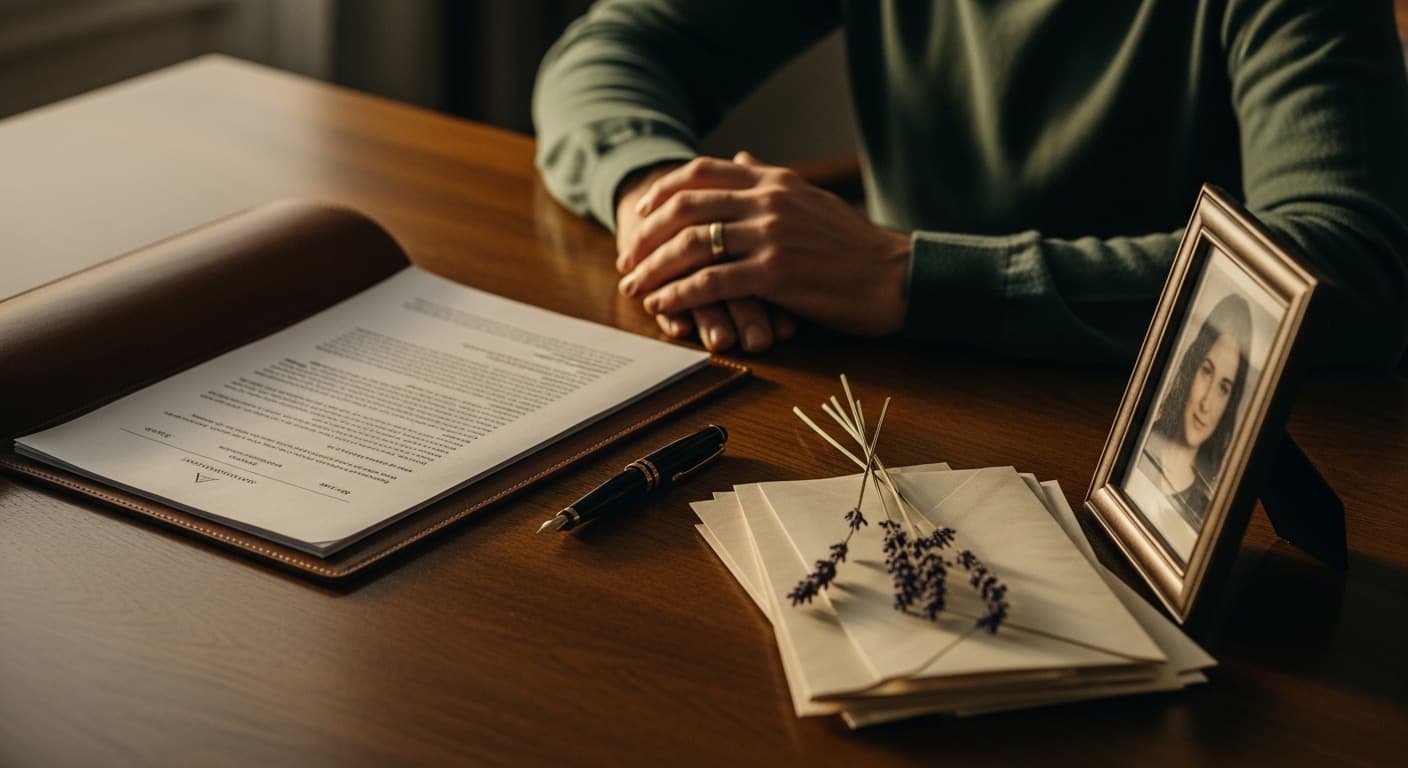 A neatly organized desk with a leather portfolio, a warm cup of tea, and soft natural light.