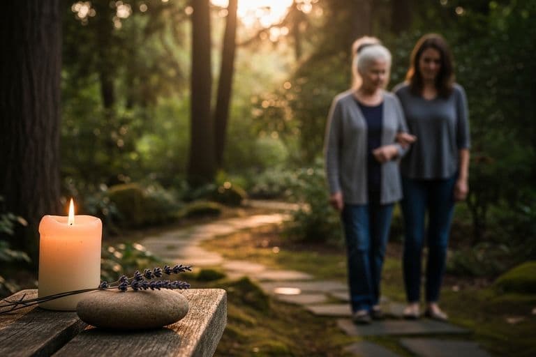 Two women walking peacefully in a quiet garden bathed in sunlight