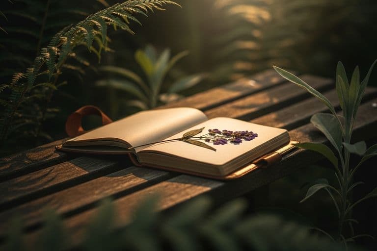 A peaceful garden bench surrounded by deep forest green foliage in the warm morning light