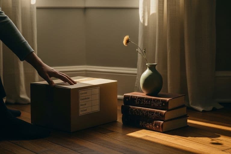 A peaceful, sunlit room with neatly packed cardboard boxes and a gentle plant by the window
