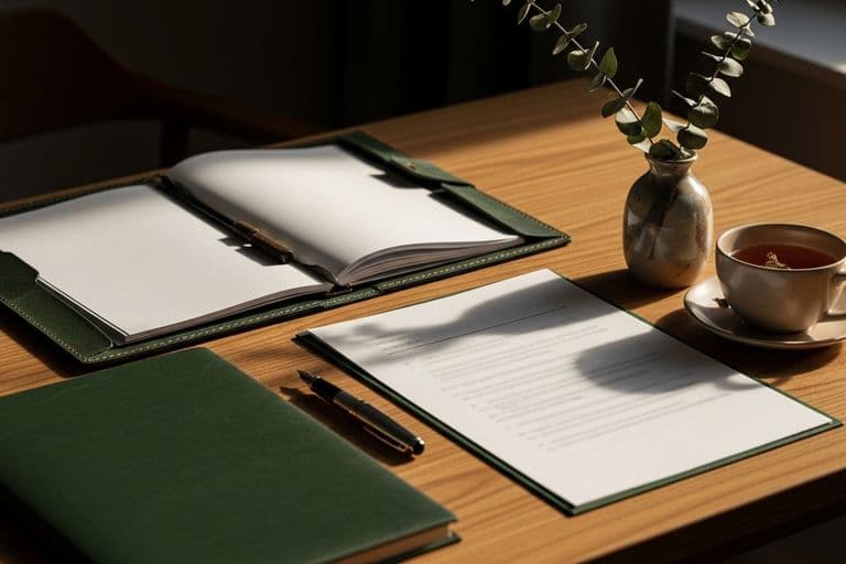 A peaceful home office desk with organized financial documents and a cup of tea in soft morning light