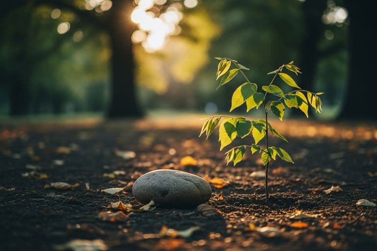 A peaceful garden scene with a newly planted memorial sapling bathed in warm morning light