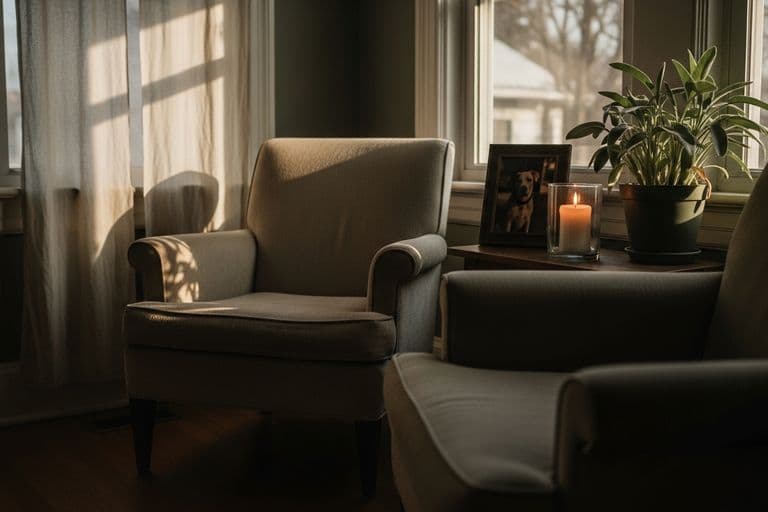 A peaceful window seat with soft natural light, featuring a framed photo of a dog and a gently glowing candle