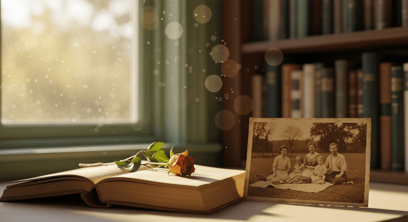 An open journal and faded family photograph on a sunlit desk, representing memories fading in the digital age