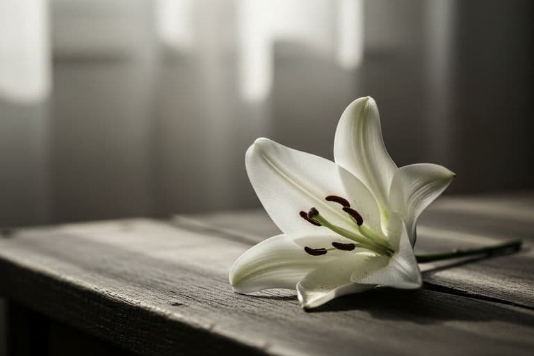 A single white lily resting on a dark weathered wooden surface with soft muted window light, conveying a quiet, contemplative mood